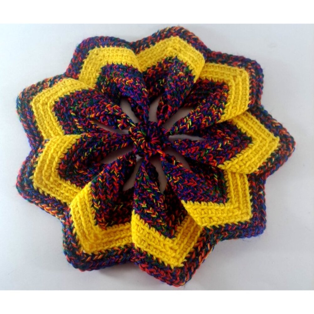 Handmade Centerpiece Doily Crochet Star Purple Yellow Cottage Country Granny 13"